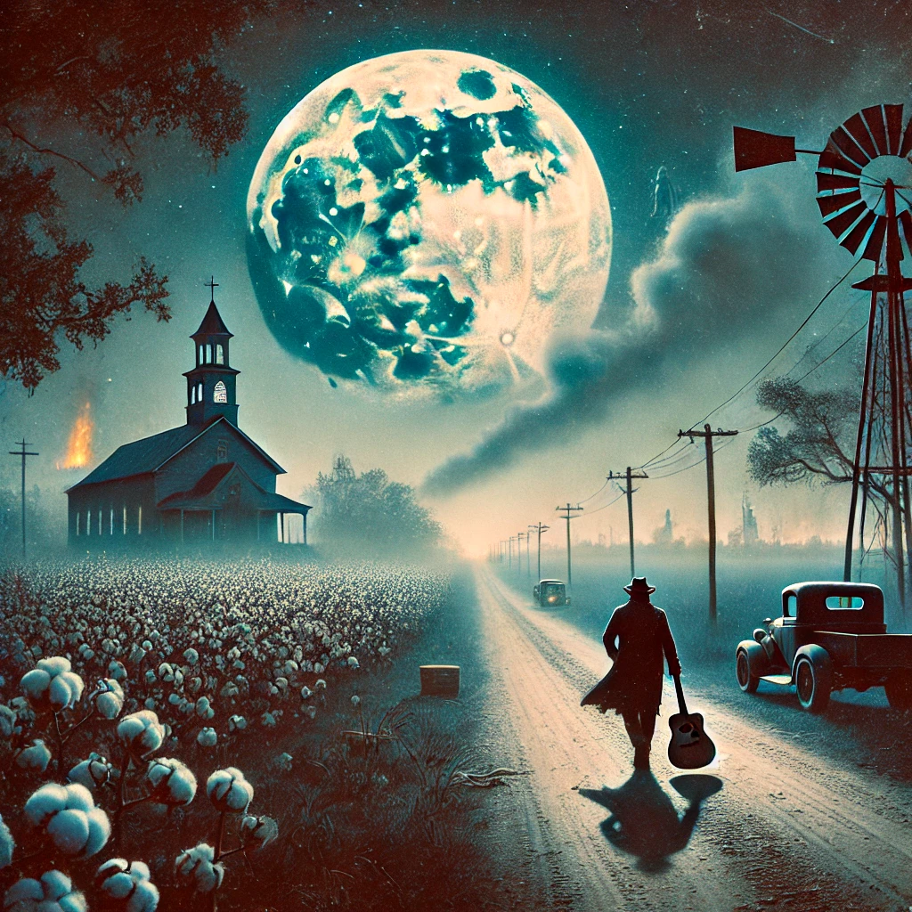 Cotton road, country church and windmill under a wide sky