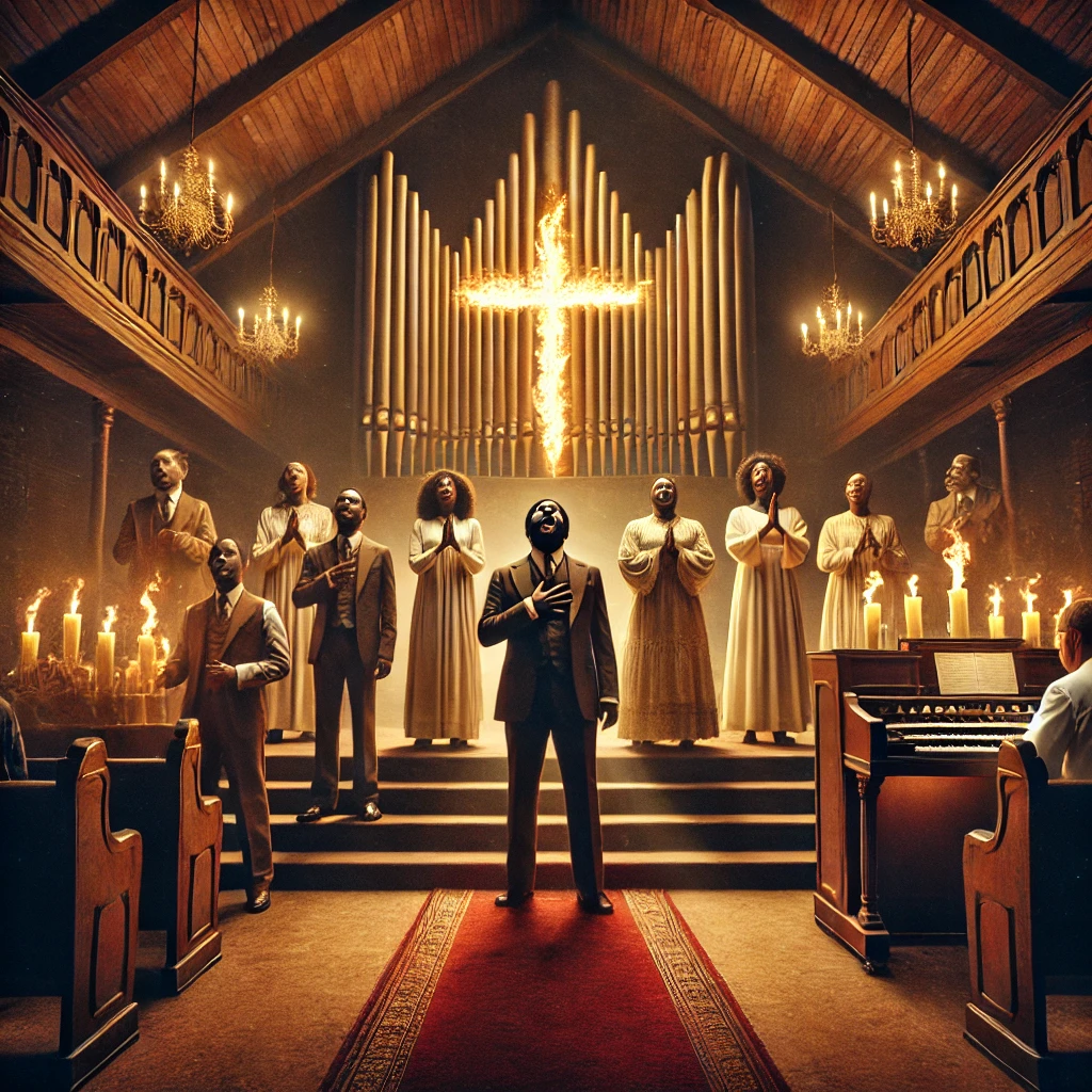 A gospel choir mid-praise in warm golden light