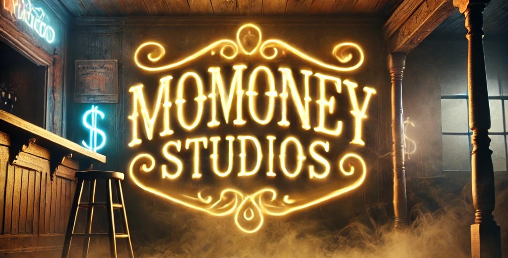 The MoMoney Studios neon sign, lit in the juke joint