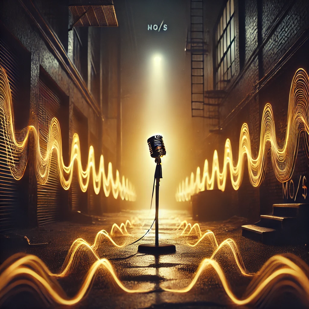 A vintage ribbon microphone haloed in golden soundwaves